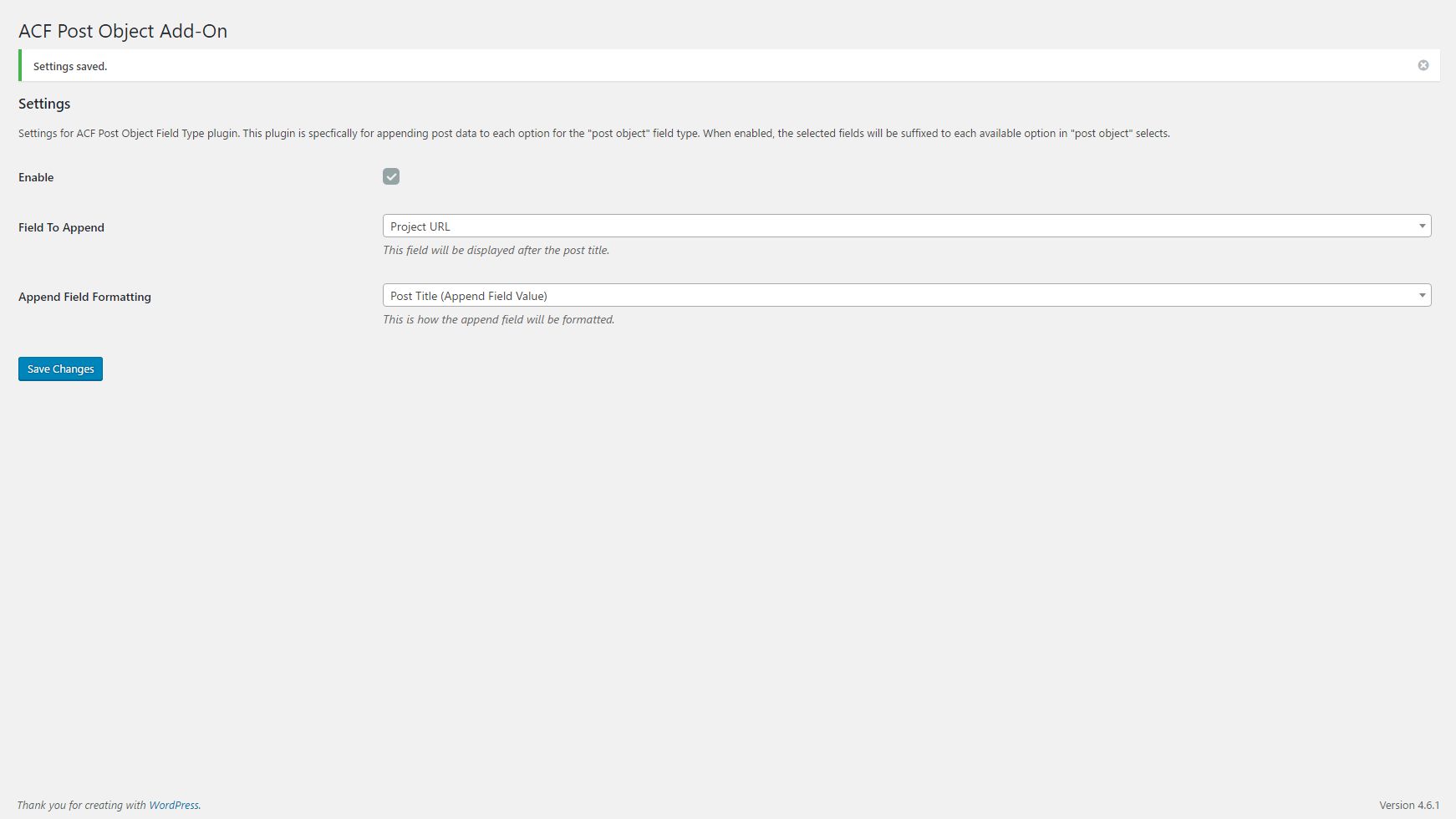 Some simple settings that control how the plugin interacts with ACF.
